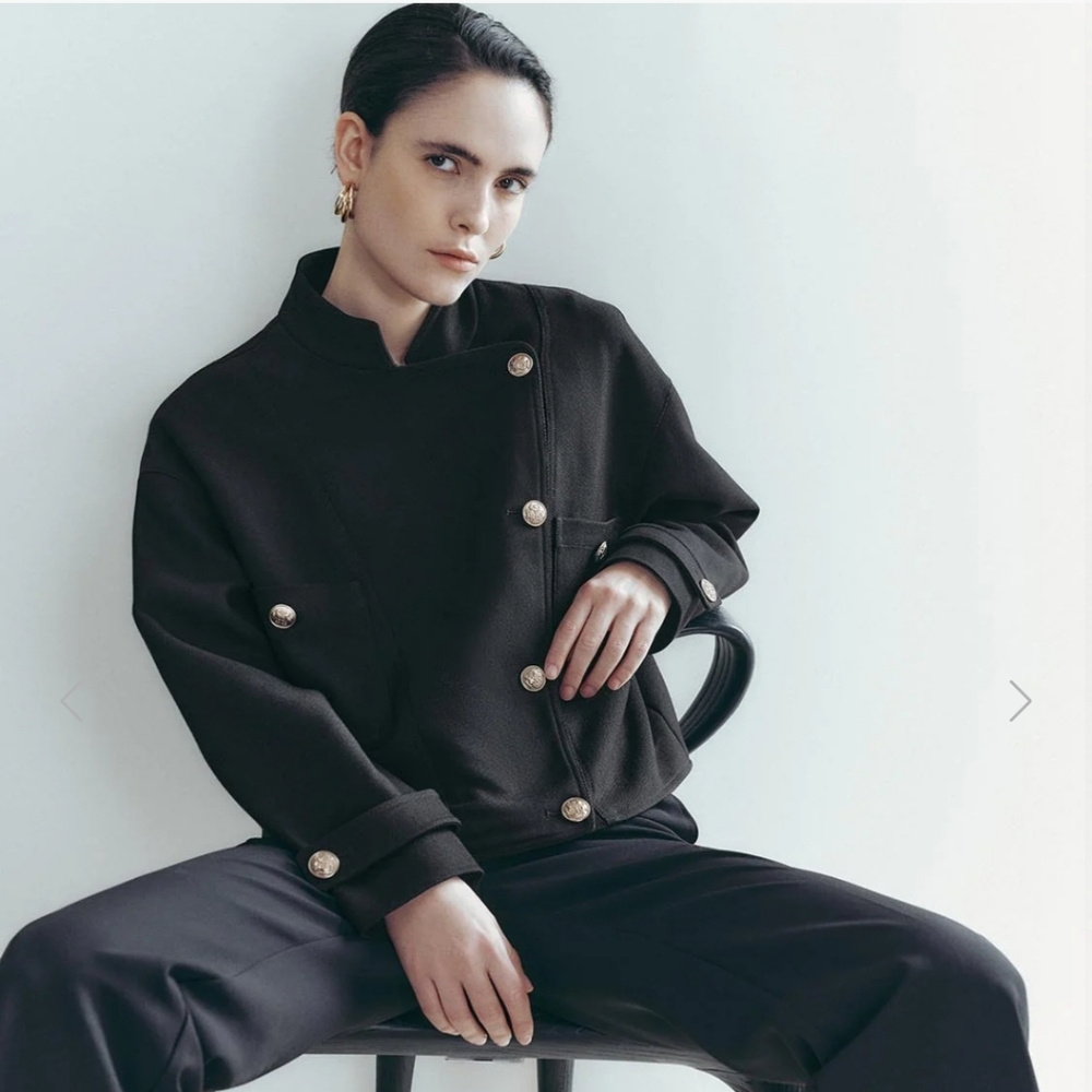 URBAN REVIVO MANDARIN COLLAR CROPPED JACKET GOLD BUTTONS